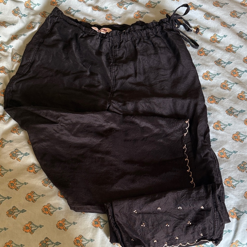 Black Drawstring Pants with Embroidered Hem